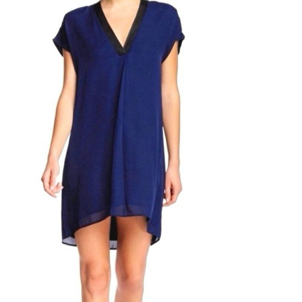 Vince Silk Lamb Leather Trim Silk Cocktail Tunic Sz XL Navy Blue Minimalist Boho